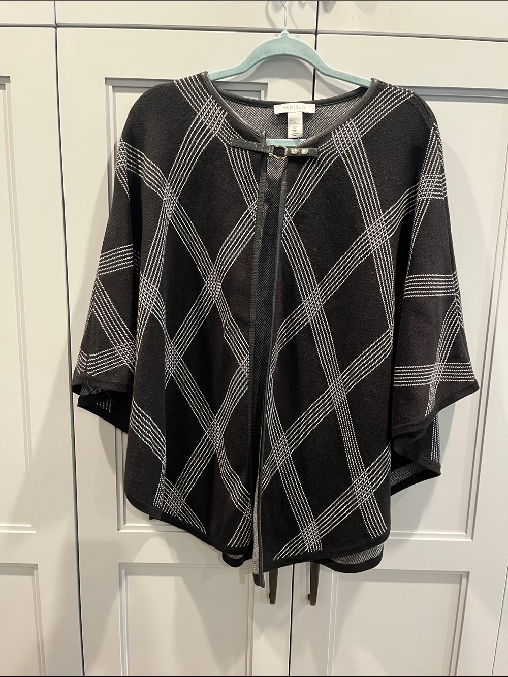 White House Black Market Black and White Plaid Open-Front Sweater Poncho